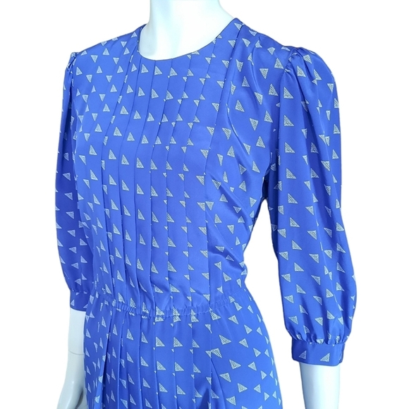 Vintage 80s Small Office Dress Pleated Bodice & Skirt Modest Day Elastic Waist - Picture 4 of 10